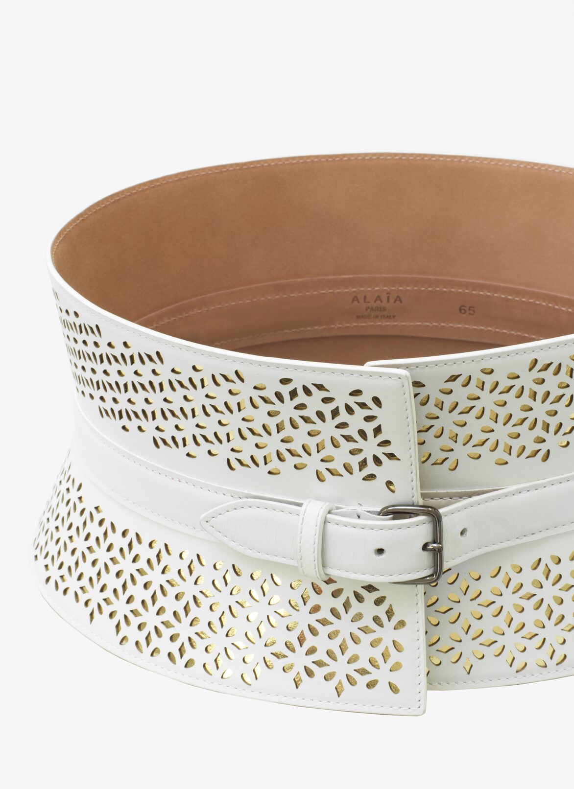 CORSET BELT CUIR LUX P.FLEUR + CM WHITE/GOLD ALAÏA WHITE/GOLD CORSET BELT CUIR LUX P.FLEUR + CM WHITE/GOLD